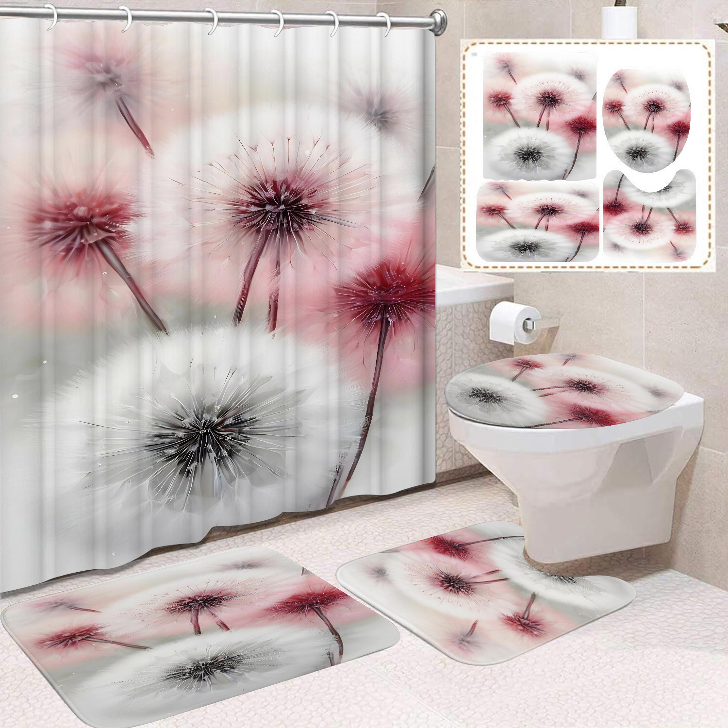 Flor blanca cortina de baño inodoro cortina de partición impermeable de baño cortina de lavado separación seca y húmeda cortina de puerta colgante sin agujeros