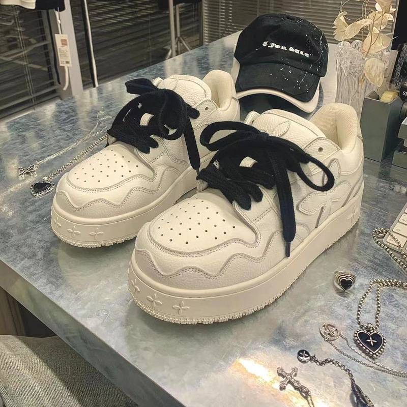 High Version! Qin Lan's Same Style Smfk Cross Flower Skateboard Shoes Thick Sole Heightening Retro Casual White Shoes for Women