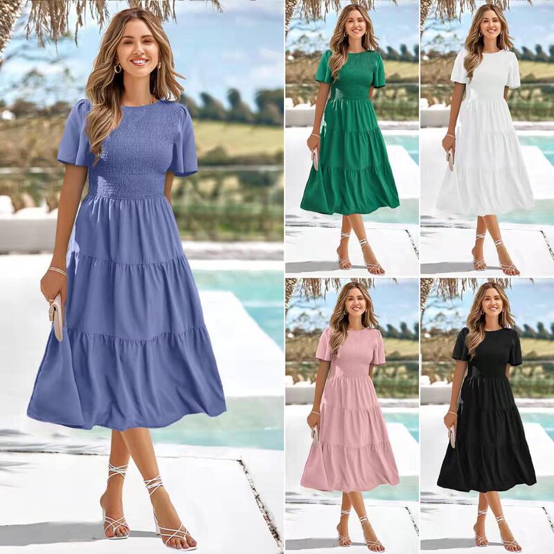 2023 US Station Tight Waist Slim Dress Spring and Summer Round Neck Vacation Dress