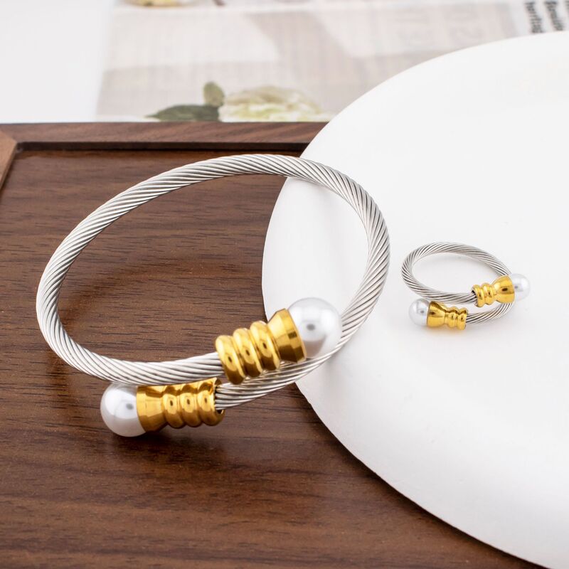 Cross-Border Hot-Selling Pearl Elastic Bracelet, Vintage Bracelet, Fashion Accessory, Ring Set, Titanium Steel Jewelry, Versatile