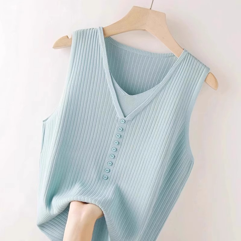 Áo hai dây dệt kim giả hai mảnh lụa băng nữ, mặc trong áo sơ mi hoặc blazer, không tay — Màu đen chi tiết 12