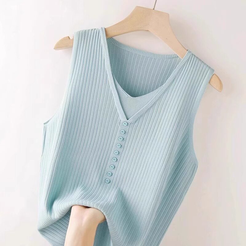 Áo hai dây nữ giả hai mảnh dệt kim gân, áo lót mặc trong không tay dáng suông dài 65–80 cm — Màu hồng, Màu mơ, Màu trắng, Màu xanh lam chi tiết 14
