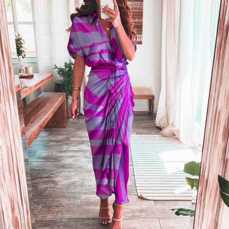 210g Weight Midi Dress Dress Length Type Short Sleeve Sleeve Length Wholesale Women'S Vintage Style Printing Stripe Holiday V Neck Short Sleeve Irregular Skirt