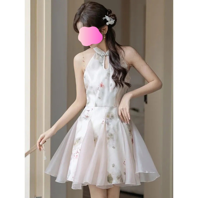 Fashion Late Mori Look Chinese Improved Stitching National Style Stand Collar Sleeveless Cheongsam Dress Cardigan Set New