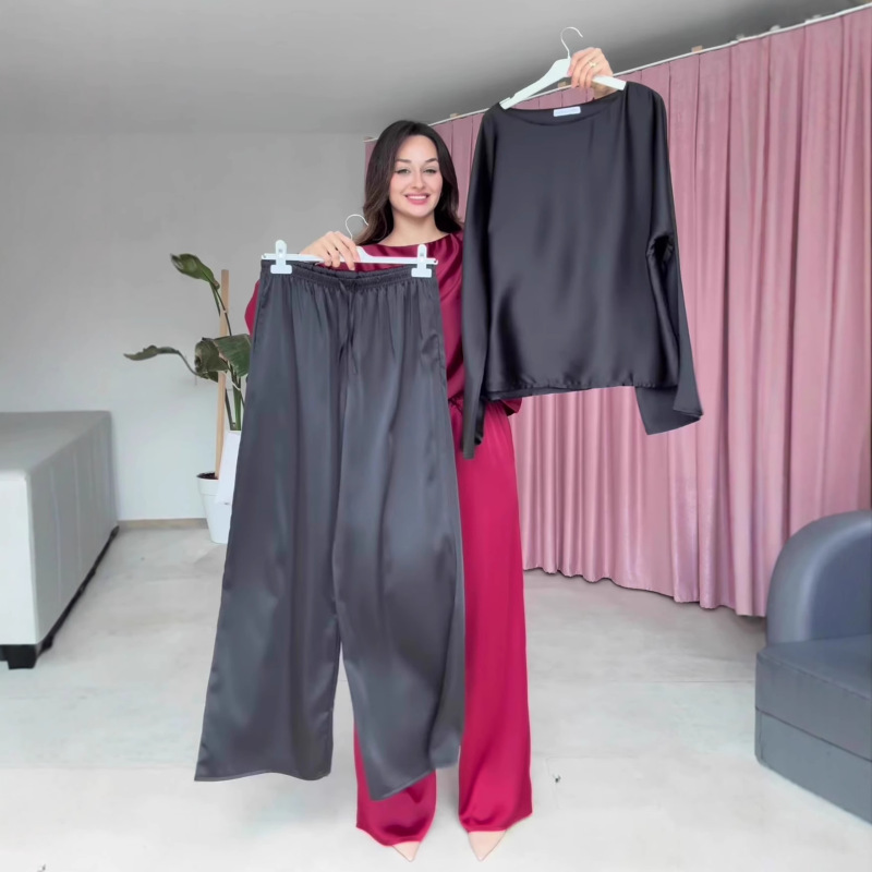 欧美亚马逊跨境外贸2025秋季新款圆领长袖缎面休闲长裤宽松套装女|undefined