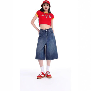 American Style Retro Loose Wide-leg Denim Cropped Pants Women's Season 2025 Summer New High Waist Slimming Straight Pants