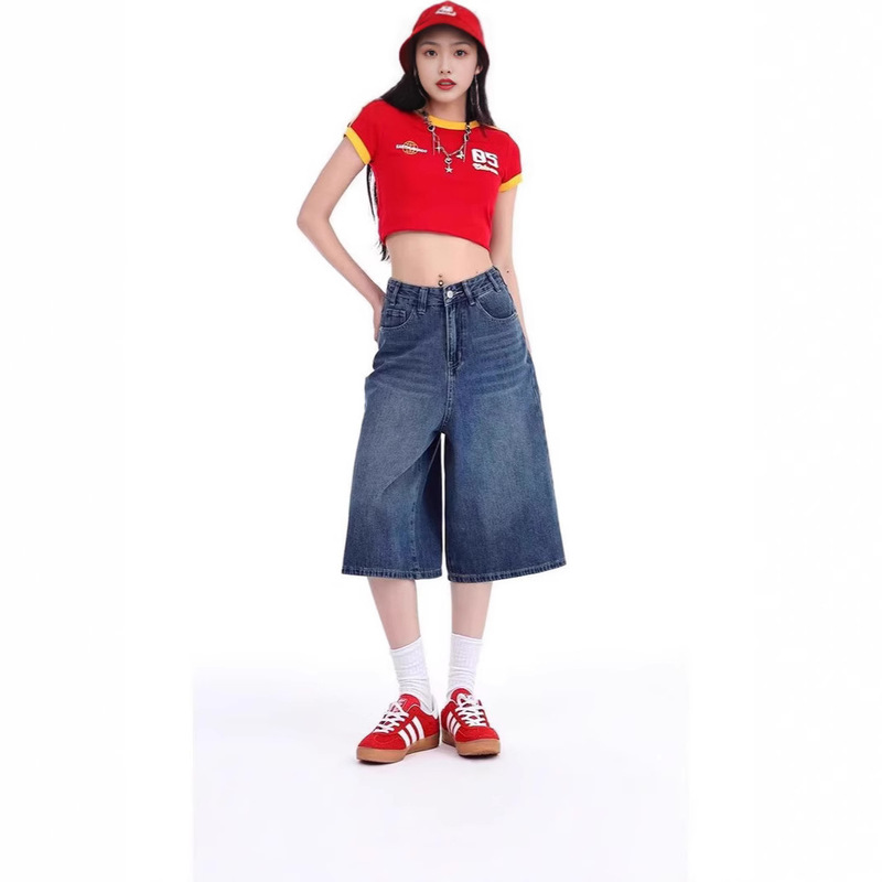 American Style Retro Loose Wide-leg Denim Cropped Pants Women's Season 2025 Summer New High Waist Slimming Straight Pants