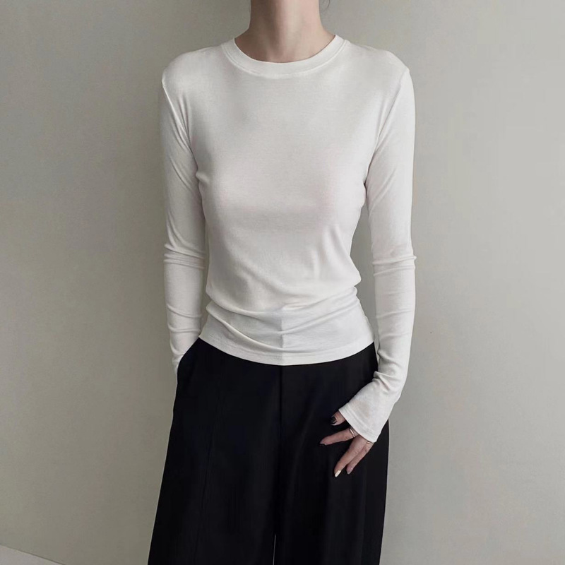 Lyocell Tencel Wool Round-Neck Knit Base Shirt for Women, Early Spring Solid Color Inner Wear, Long-Sleeve T-Shirt Top with a Naked Feel Lyocell Tencel Wool Round-Neck Knit Base Shirt for Women, Early Spring Solid Color Inner Wear, Long-Sleeve T-Shirt Top with a Naked Feel