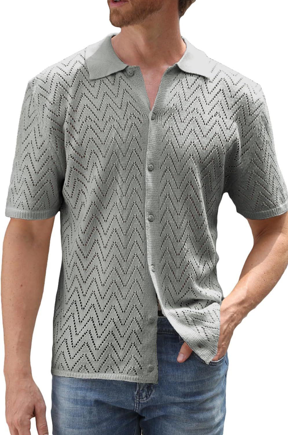 Summer New European And American Casual Knitted Short-sleeve Shirt, Cardigan, Solid Color Hollow Top Men's Clothing_voghion.com