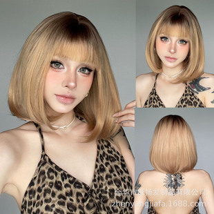 New Korean style wig with neat bangs brown overhead gradient bobo bobo short straight hair natural daily wigs