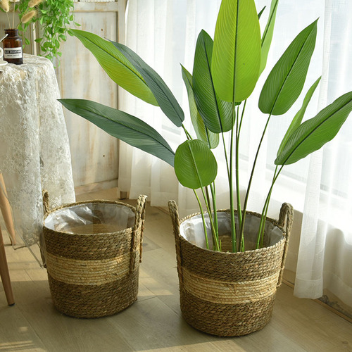 Straw flower pot woven basket storage basket cross-border bamboo wicker plant storage frame flower basket flower pot set straight basket
