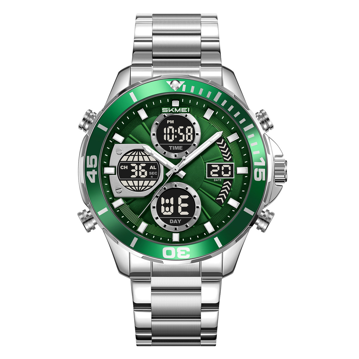 Momento de belleza para hombres doble reloj 30 metros de acero impermeable reloj de pulsera de negocios reloj deportivo de luz nocturna multifuncional al por mayor