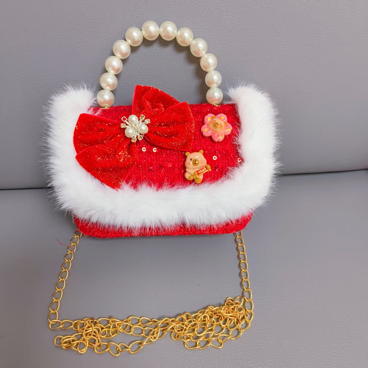 Cartera de Año Nuevo rojo, bolso de perlas, arco de arco, bolso de mano, cadena de viento de fragancia, bolso de hombro pequeño