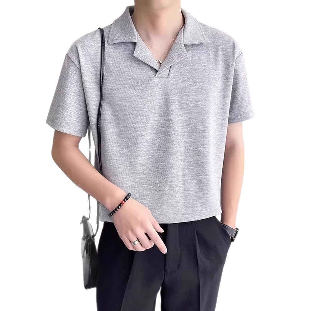 Camicia da uomo con colletto cubano – Camicia oversize a maniche corte con trama a nido d'ape (poliestere traspirante, bianco/nero/grigio, M-3XL)_voghion.com