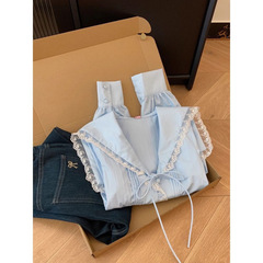 女性用フレンチブルーリボンレースシャツ、ショートデザイン、ニッチトップ、エレガントなシャツ