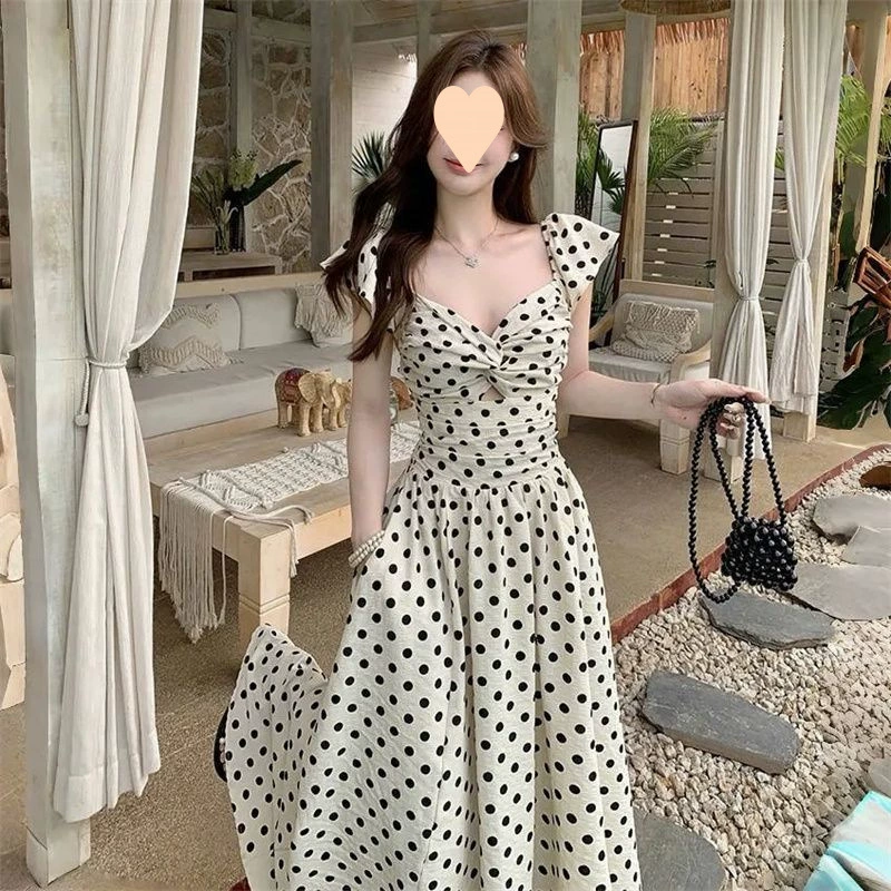 Высококачественное французское платье в горошек для полных девушек больших размеров, женская летняя новая длинная юбка с плиссированной талией, утягивающая фигуру