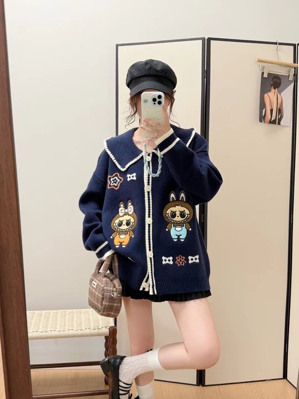 甜美娃娃领开衫毛衣女2025秋冬新款韩系宽松重工卡通刺绣针织外穿|undefined