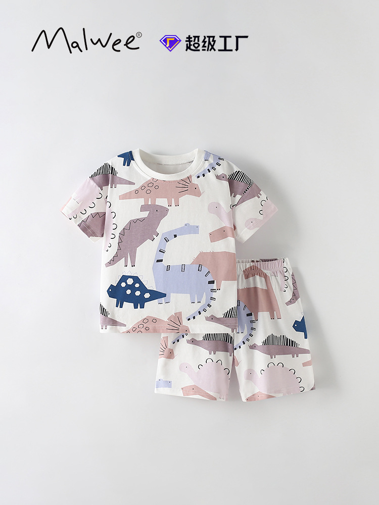 Malwee niños de dos piezas verano nuevo estilo europeo y americano niños pequeños y medianos cuello redondo pantalones de cintura elástica de manga corta traje para niños