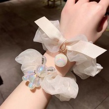 韓國新款氣質小熊珍珠發繩女高級感氣質鑲鑽歐根紗大腸發圈新發飾