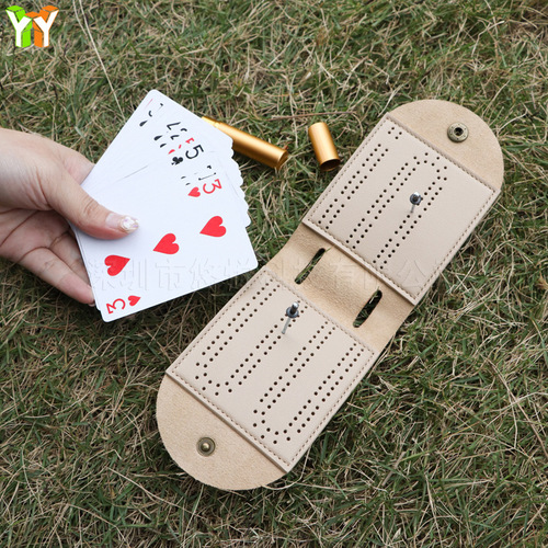桌游克里比奇游戏计分板便携Cribbage折叠皮革棋盘纸牌游戏包