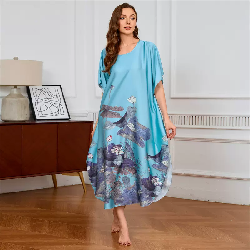 冰丝睡裙女秋季新款仿真丝睡衣ins长款睡袍睡裙外贸家居服pajamas