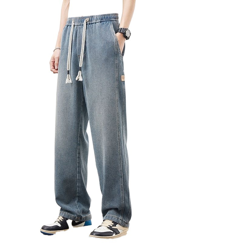 Jeans de verano para hombres 2025 nueva tendencia de primavera callejera alta cintura elástica casual pantalones sueltos retro