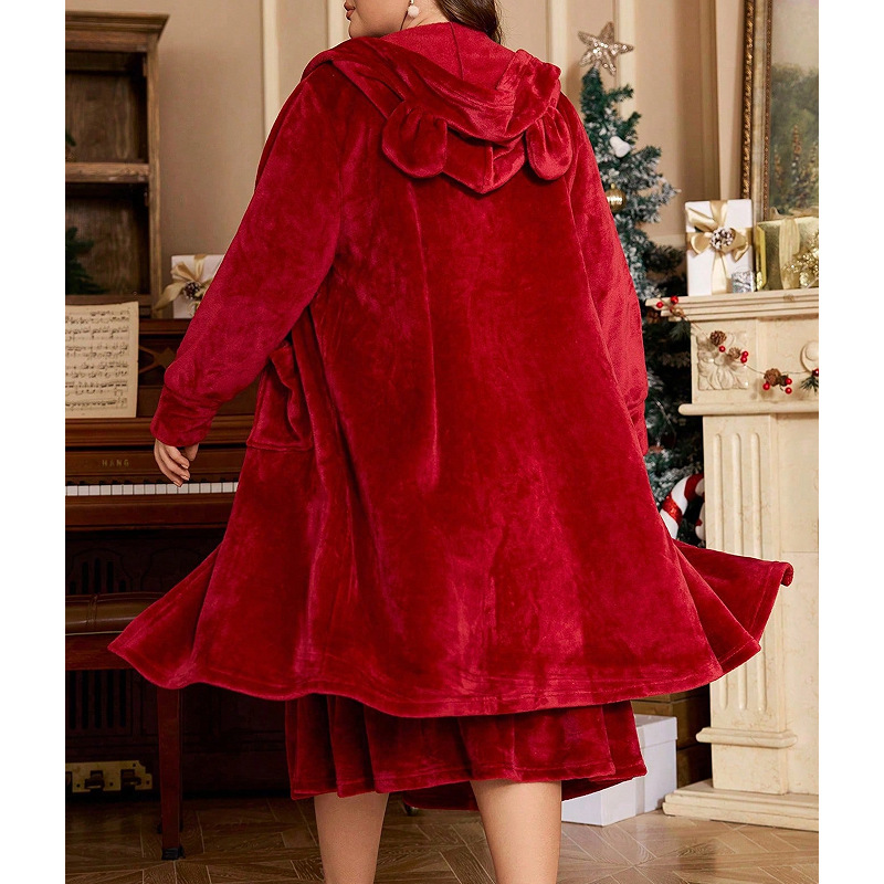 GraceChic GraceChic Cross-Border Hooded Bunny Ear Nightgown Women's Set Autumn Winter New European And American Plus Size Furry Strap Dress_voghion.com