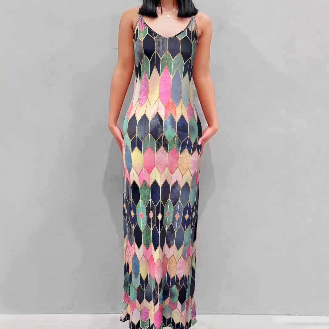 欧美跨境大码女装几何色块印花吊带连衣裙休闲V领胖mm内搭长裙子
