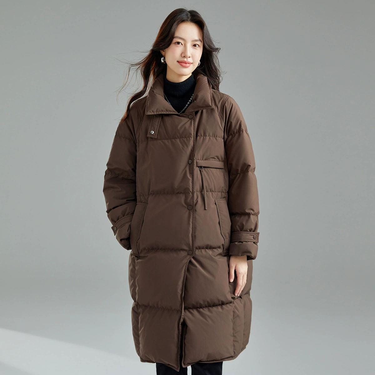 Down jacket, goose down, increased thickness, loose fit, coffee/black/white, sizes S–L