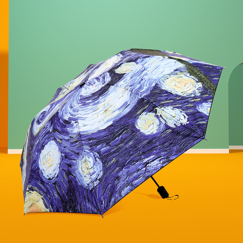 Vincent Van Gogh Oil Painting Umbrella, Black Rubber UV Protection Sun Umbrella, Women's Outdoor Tri-Fold Sunshade Umbrella Wholesale