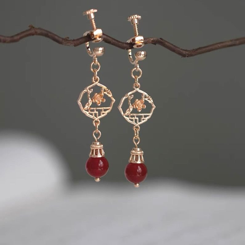 XIUHE 귀걸이 QINGFENG JIMING 송이 만든 한푸 레드 925 귀걸이 귀 클립 골동품 결혼식 청삼 긴 귀걸이