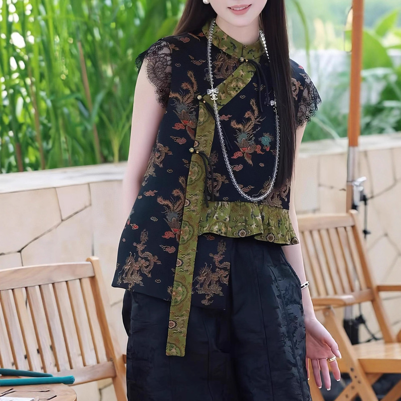 Hot Style Coming: Chinese-Style High-End Asymmetrical Vest with Oblique Placket and Buckle Design, Exquisite Pattern Embroidered Top