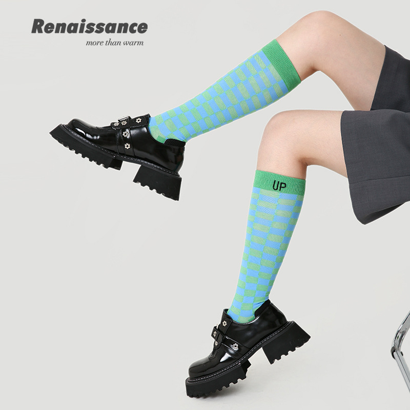 Renaissance Original Women's Socks Spring Contrast Color Checkerboard Medium Stockings Gift Boxy Brand Women's Cotton Socks - 4