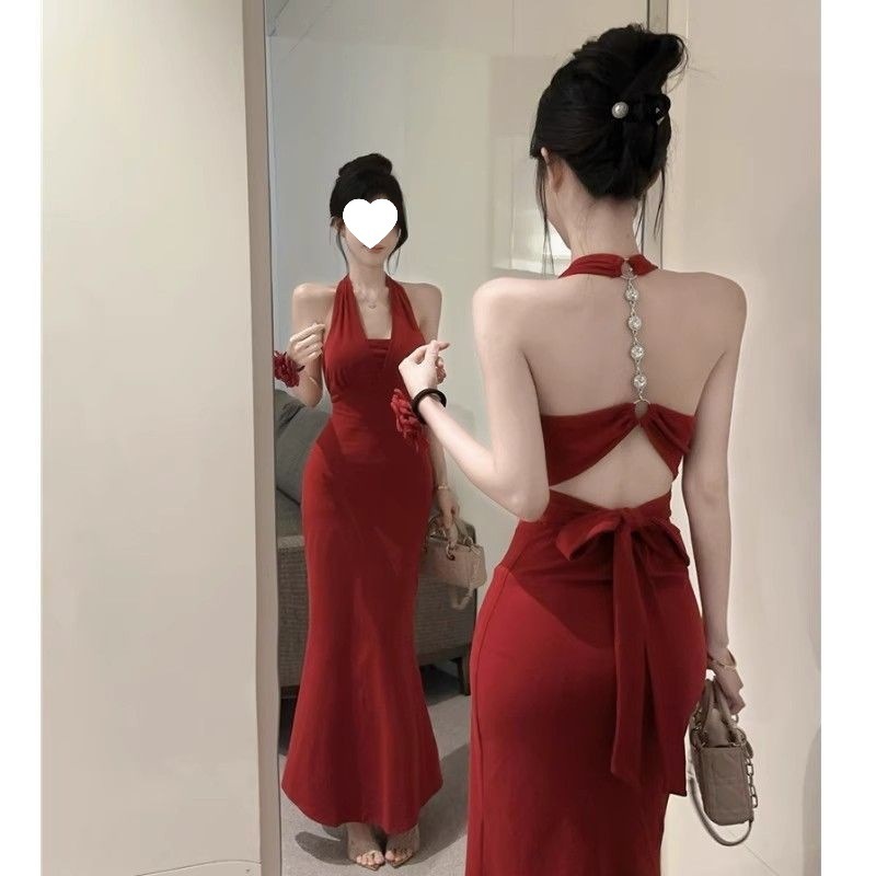 御姐风感超好看挂脖吊带修身包臀长裙红色连衣裙2025新款穿搭|undefined