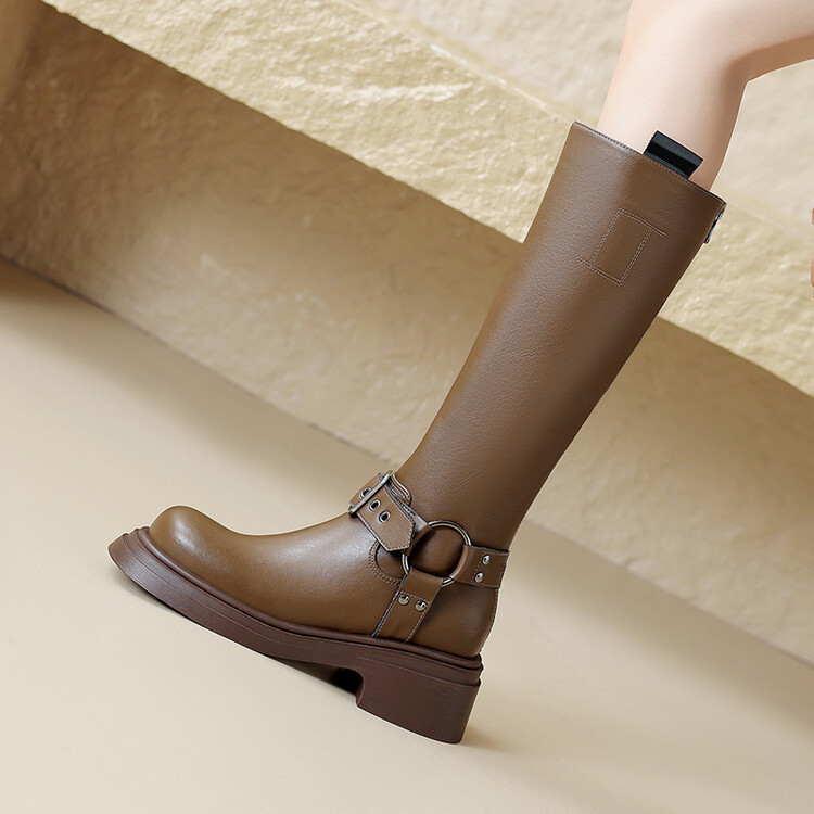 Thick-soled knee-length boots Women's cowhide Muffin Knight brown boots 2023 new autumn and winter high heel chunky heel high boots