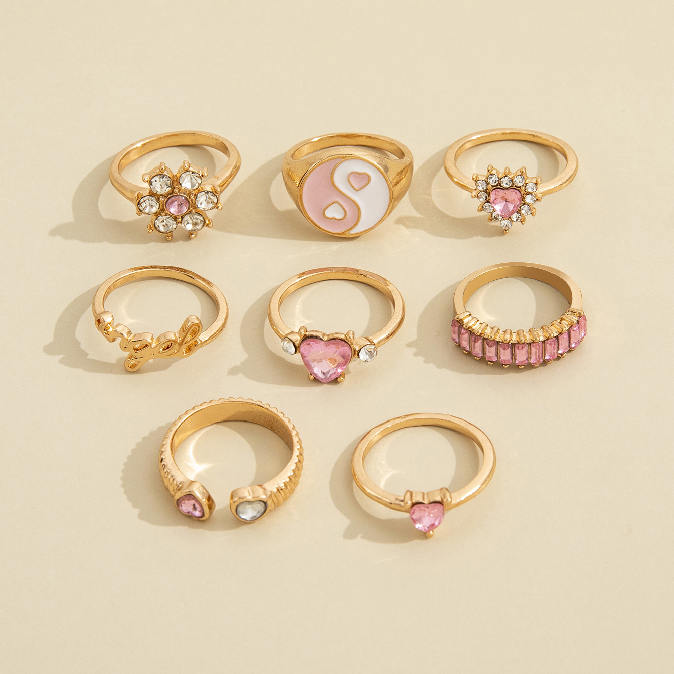 European And American New Fashion Tai Chi Gossip Pink Full Diamond Flower Letter Ring Eight-piece Set display picture 4