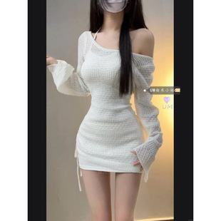 Pure Wish Hot Girl Irregular Hollow-out Knitted Long-sleeved Blouse suit Autumn and Winter Hanging Neck Waistband dress