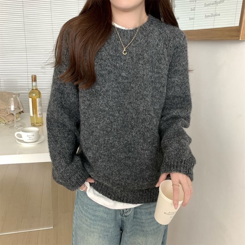 韩系慵懒套头圆领软糯毛衣女秋冬季内搭宽松加厚长袖针织衫上衣|undefined