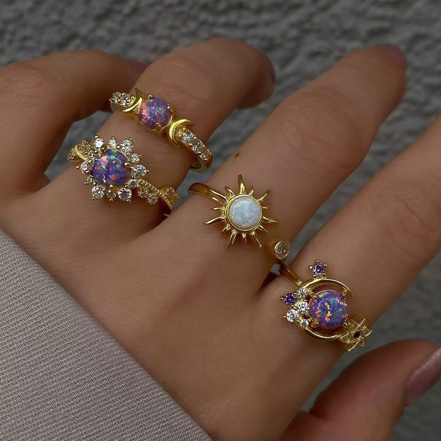 欧美跨境时尚ins宝石戒指 太阳月亮镶钻轻奢高级感几何指环套装女