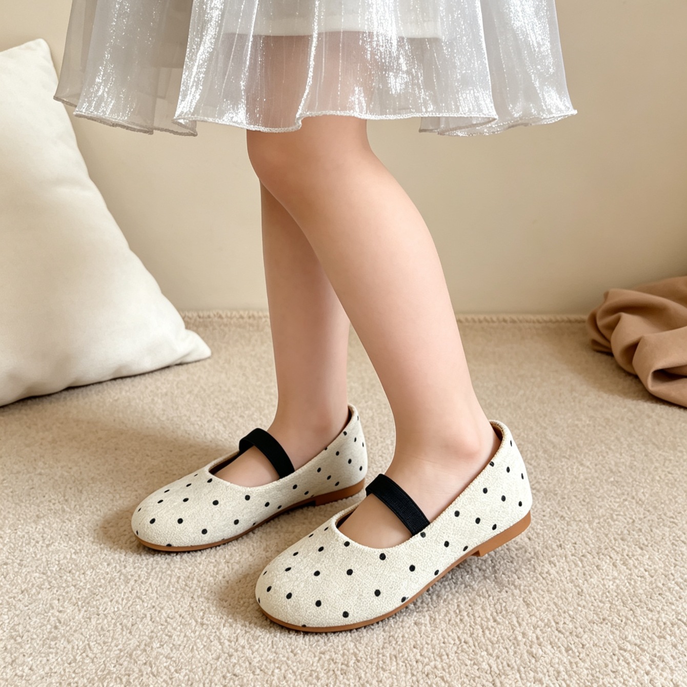 Korean-style polka dot Mary Jane shoes for girls, corduroy elastic band ballet princess shoes, wholesale from the source factory, in stock