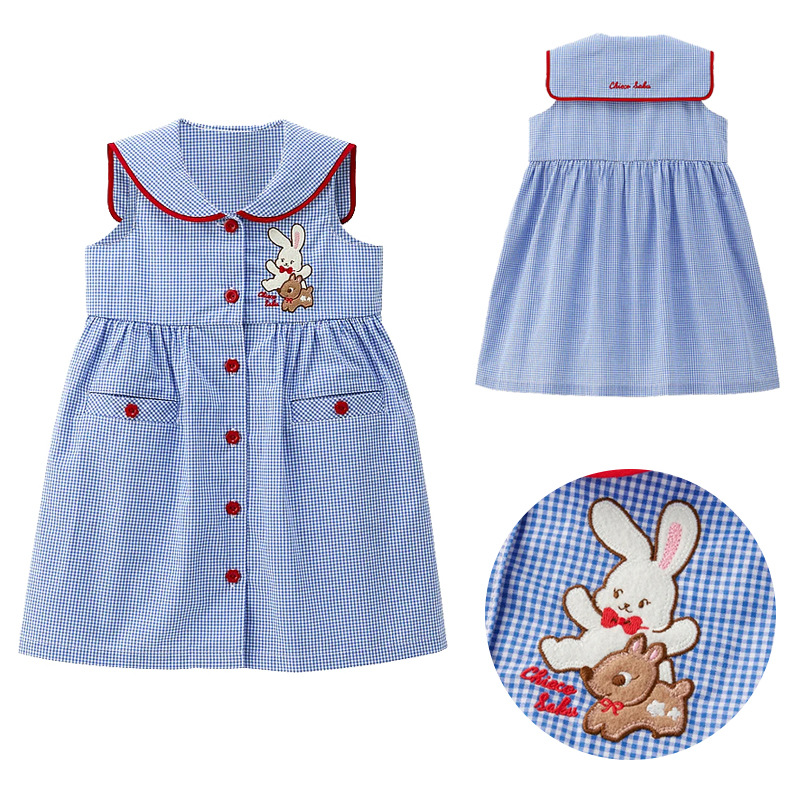 Spot Summer New Vest Dress Girls Cartoon Bunny Deer Embroidered Navy Collar Dress