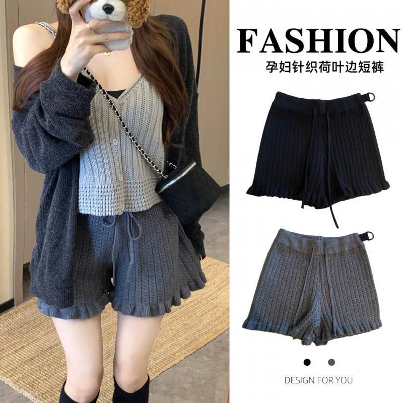 Maternity Shorts, Woolen Shorts, Autumn and Winter Outer Wear, Small Fungus Lace Knitted Bottoming Pants, Slimming Look Boot Pants