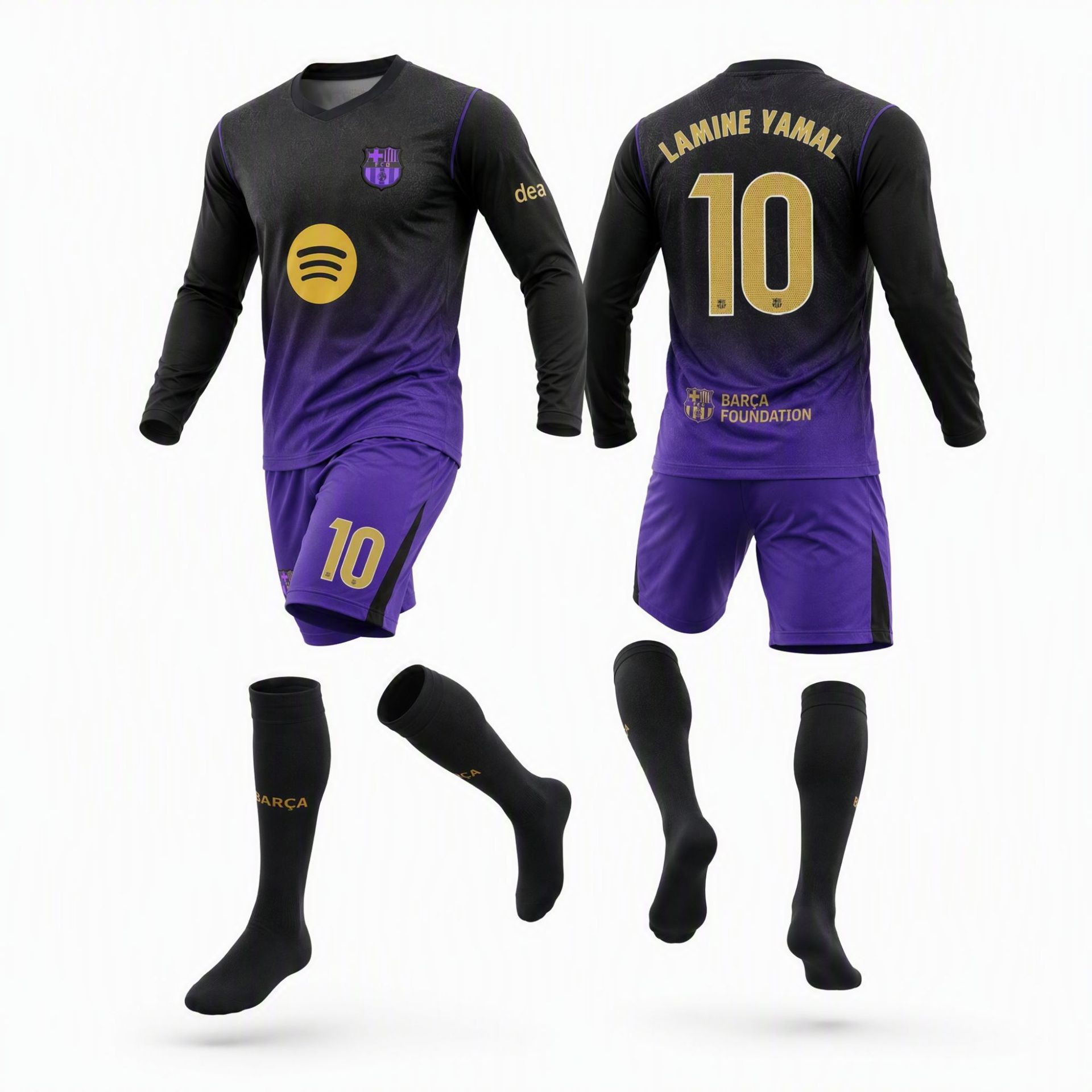 2627 Barcelona away long-sleeved football jersey, Champions League edition, number 10, featuring Yamal, Messi, and Rodri