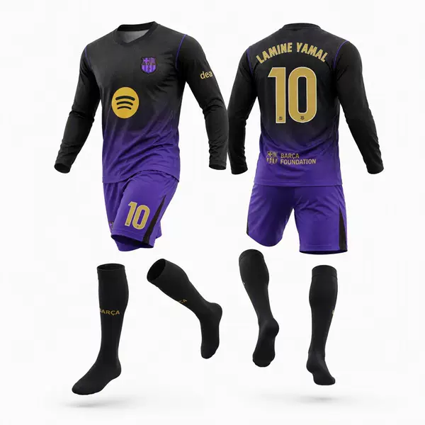 2627 Barcelona away long-sleeved football jersey, Champions League edition, number 10, featuring Yamal, Messi, and Rodri