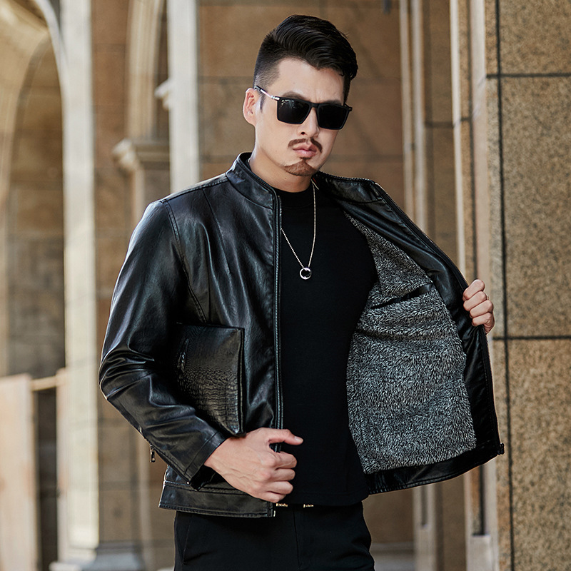 Winter new fleece Korean casual fashion trend brand leather warm stand up collar jacket men's clothing_voghion.com