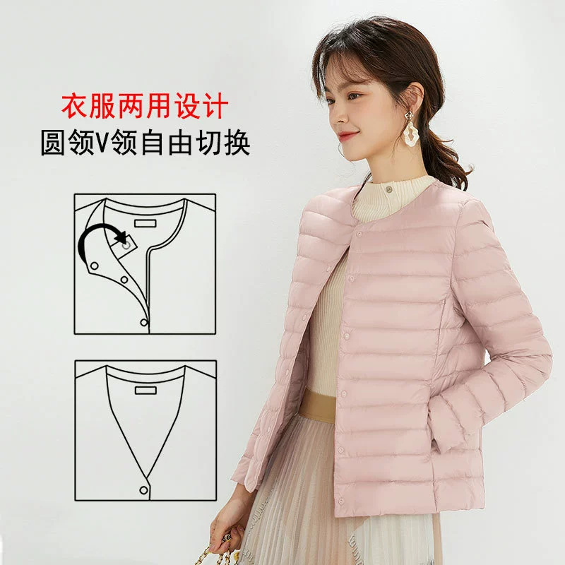 Новая осенне-зимняя легкая женская пуховая куртка с круглым вырезом, внутренней подкладкой с V-образным вырезом, короткое тепловое пальто больших размеров без воротника.
