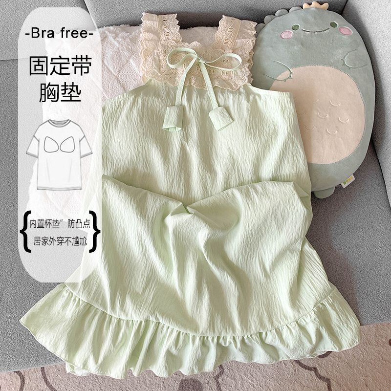 Chaleco de encaje camisón verano pijamas de mujer nube cinturón de algodón cojín en el pecho sin mangas vestido de princesa suelto ropa de casa verano