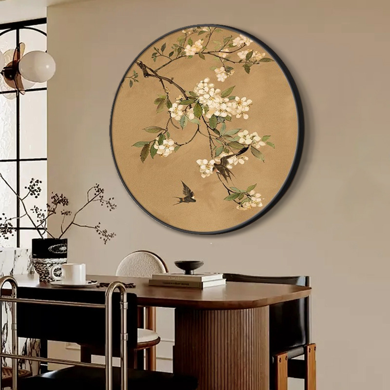 喜上眉梢》玄关入户装饰画宋代美学客厅壁画茶室花鸟圆形中古挂画