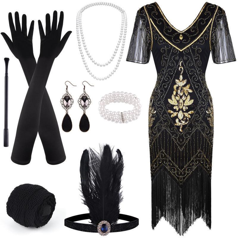 2025 New Cross-Border Dropshipping 1920S Gorgeous Collar Tassel Sequin Dress