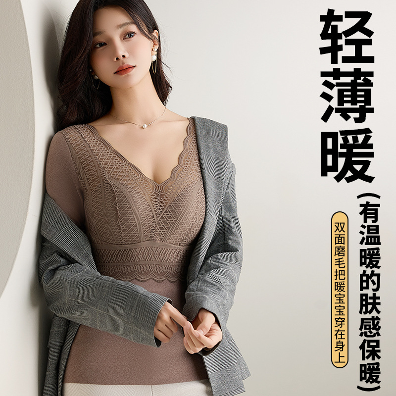 Lace demi-season velvet keep warm top with cups